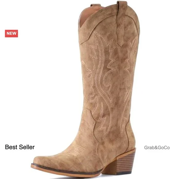 Western Cowgirl Boots Chunky Heel Snip Toe Mid Calf Handcrafted Embroidery - Picture 4 of 7